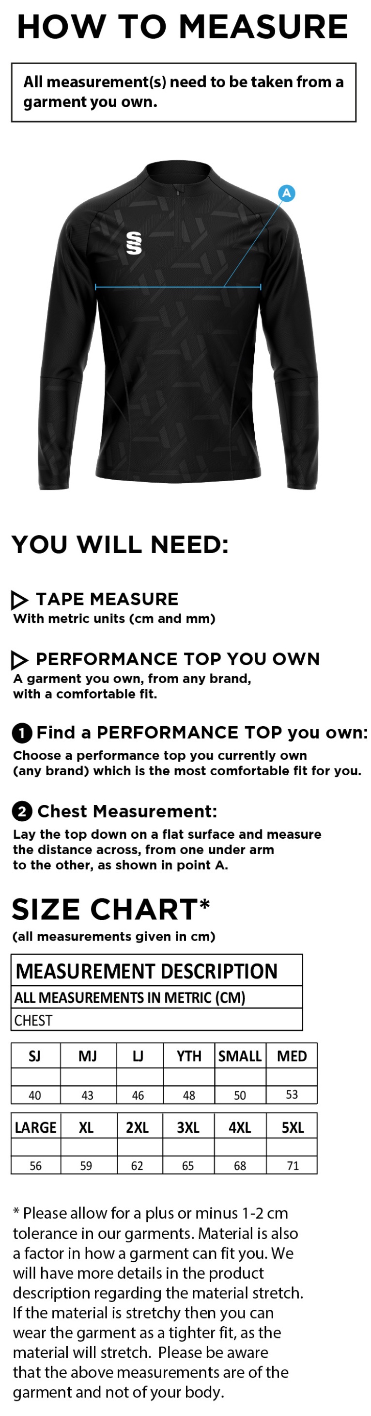 Impact 1/4 Zip Performance Top - Size Guide