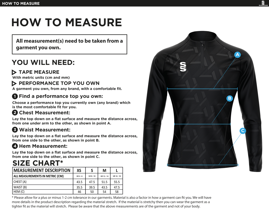 Impact 1/4 Zip Performance Top - Women - Size Guide
