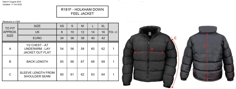 Women's Holkham Down Feel Jacket : Black - Size Guide