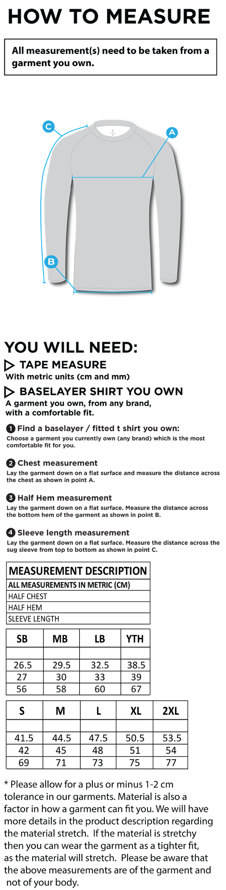 Baselayer Long Sleeve Sug - Size Guide