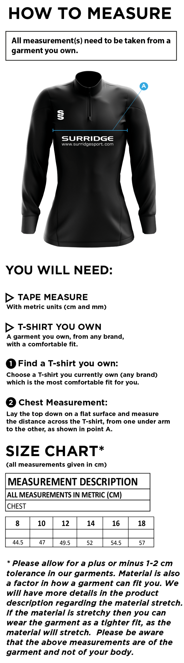 ELITE 1/4 ZIP PERFORMANCE TOP - Size Guide